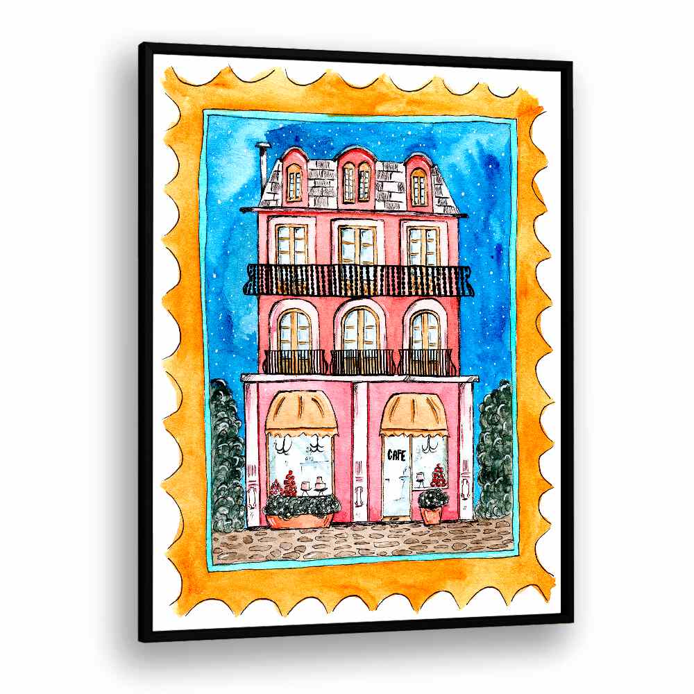 Colorful illustration of a vibrant cafe, perfect for CAFE MID NIGHT, BAR & CAFE ART ambiance.