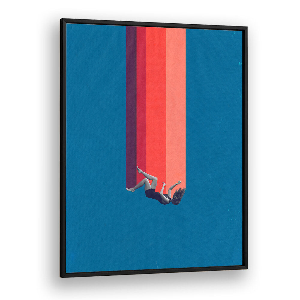 Surreal art print "FALLING LOVE" featuring a figure descending with vibrant colors, perfect for modern decor.
