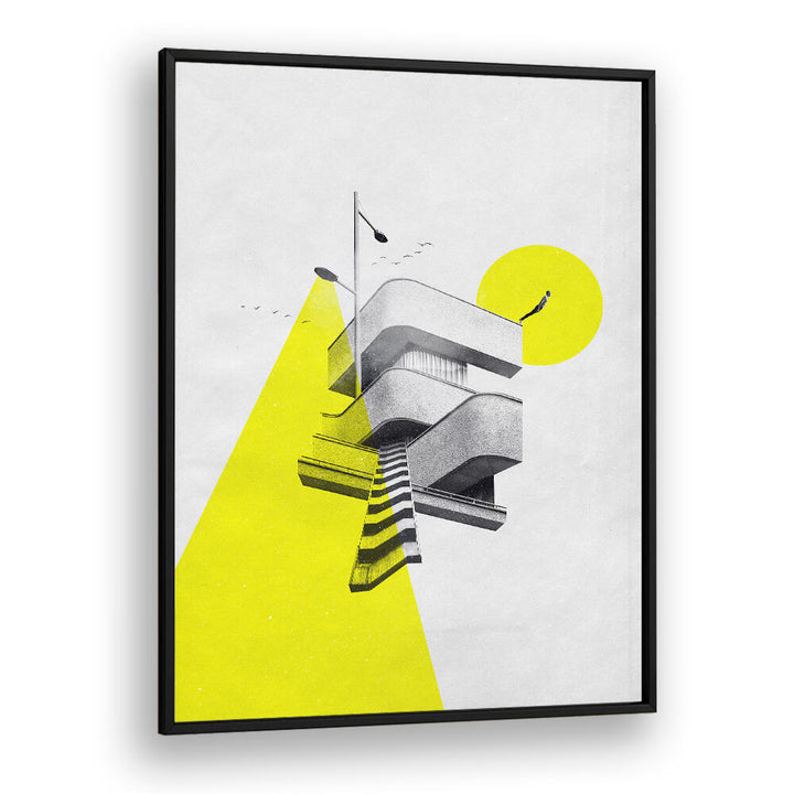 Surreal art print titled "FIRST STEP," featuring a striking architectural design with bold colors. Perfect for modern decor.