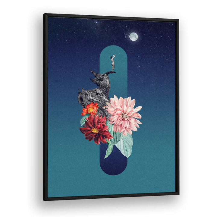 Surreal art print featuring a full moon, flowers, and a whimsical scene, perfect for unique decor. FULL MOON , SURREAL ART PRINTS.