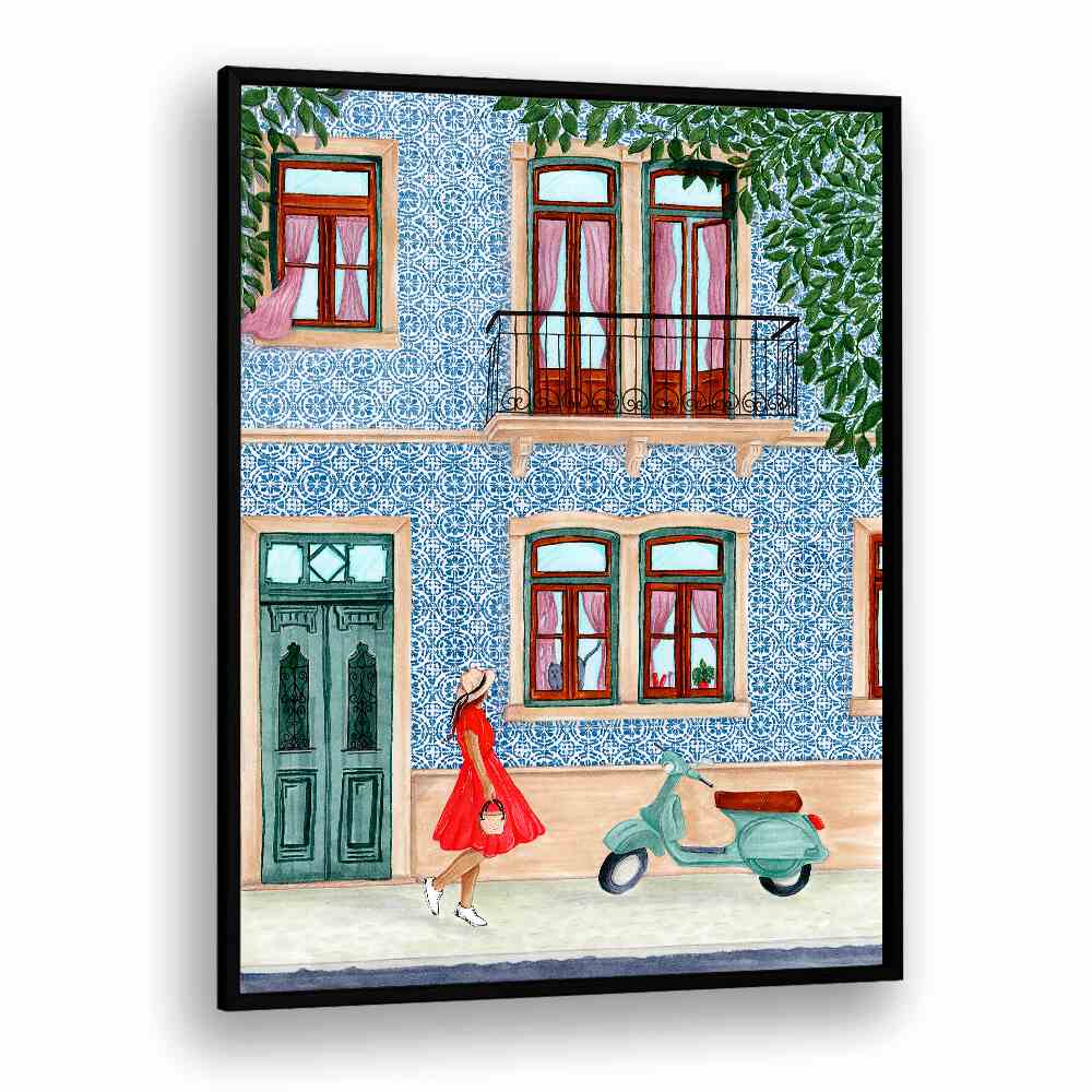 Vibrant LADY WITH SCOOTER, BAR artwork adds elegance and charm to any cafe or bar setting. Perfect for ambiance.