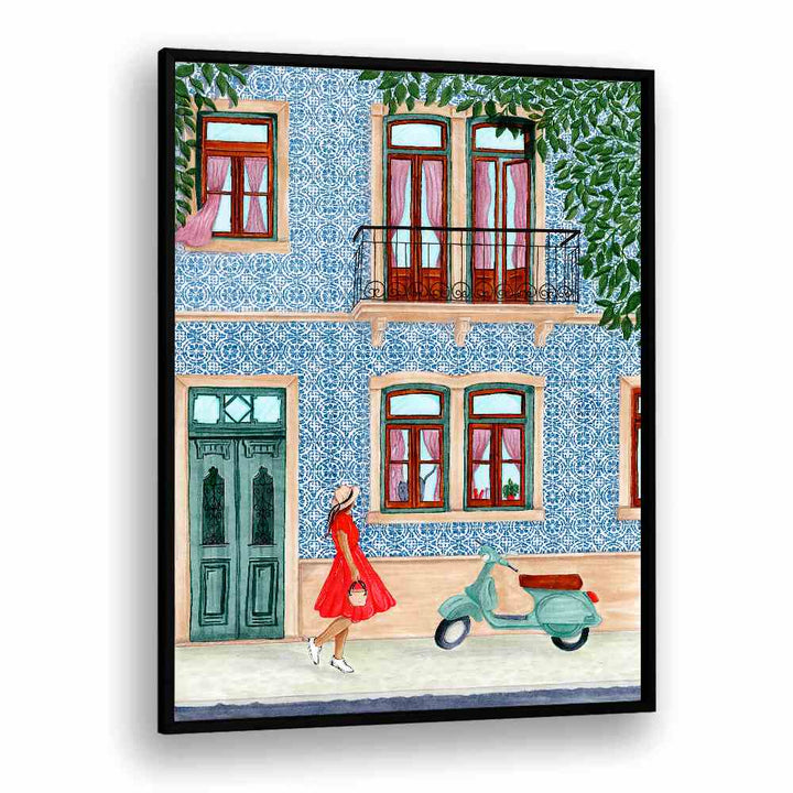 Vibrant LADY WITH SCOOTER, BAR artwork adds elegance and charm to any cafe or bar setting. Perfect for ambiance.