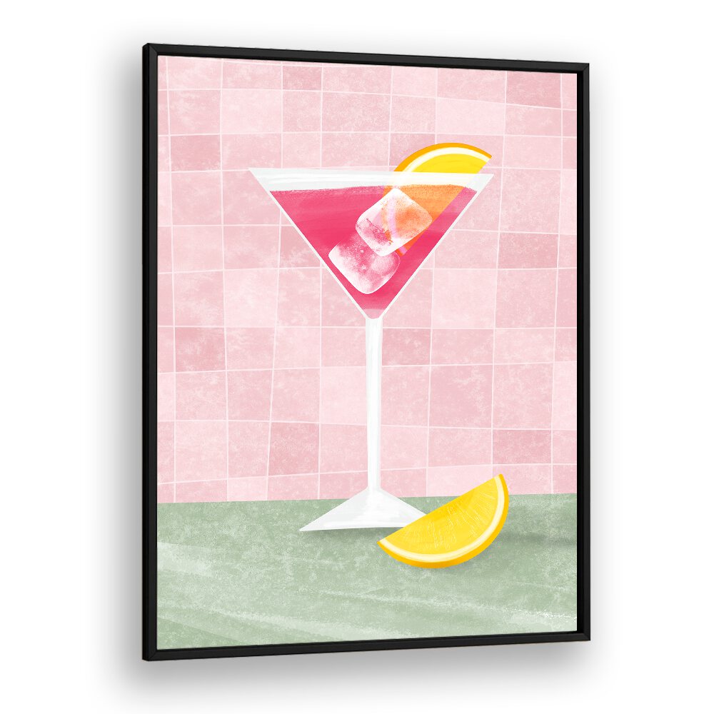 Vibrant PINK COCTAIL, BAR art featuring a refreshing cocktail and lemon, perfect for any café decor.