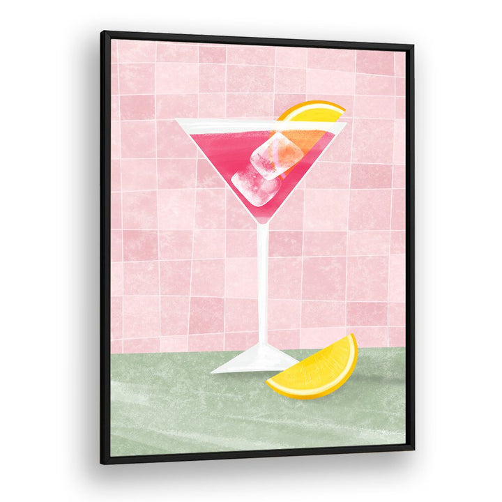 Vibrant PINK COCTAIL, BAR art featuring a refreshing cocktail and lemon, perfect for any café decor.