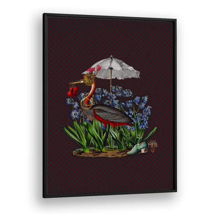 Whimsical ENCHANTED FOREST I, ANIMAL PAINTINGS artwork featuring a heron under an umbrella amidst vibrant flowers.