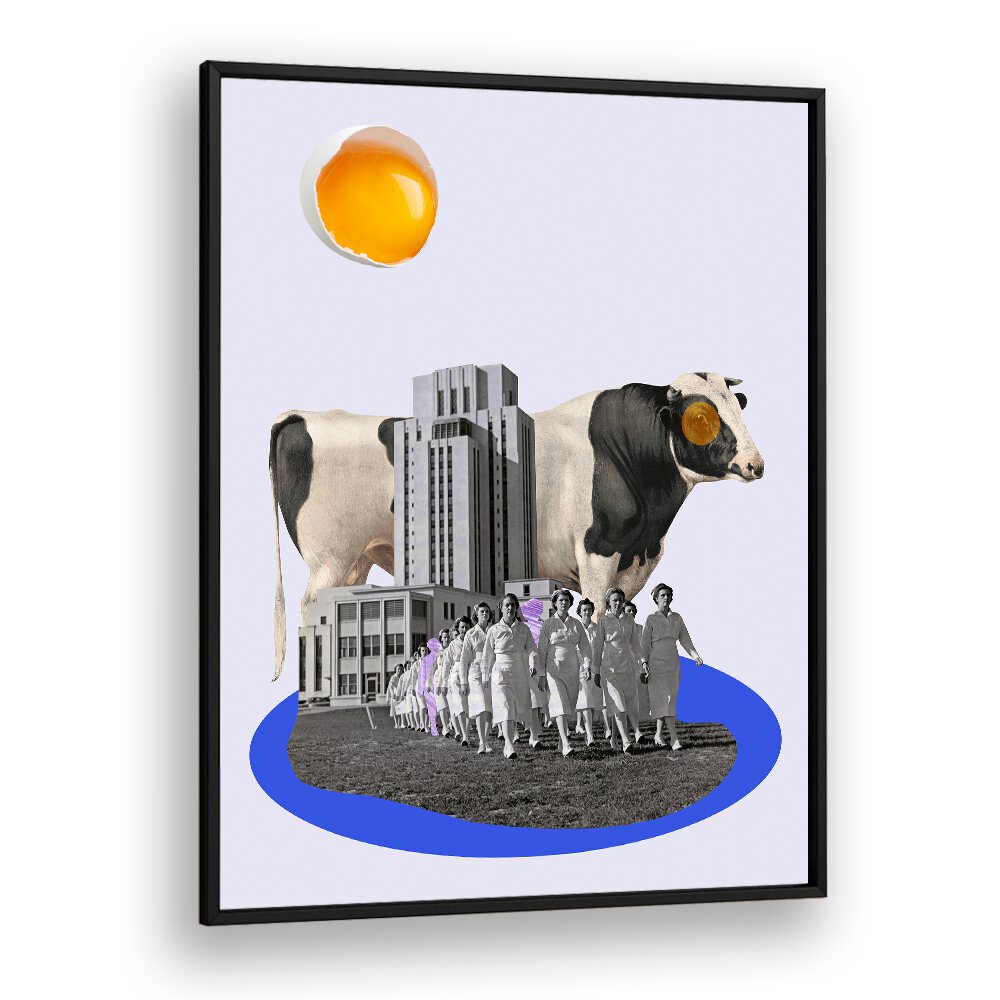 Whimsical COW IN THE CITY, SURREAL ART PRINTS blending urban charm and countryside nostalgia for unique decor.