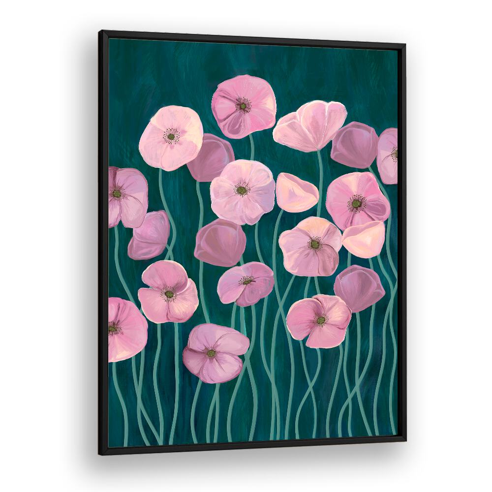 Vibrant PINK POPPIES II, FLORAL FLOWER PAINTINGS, featuring delicate pink blooms against a rich teal background.