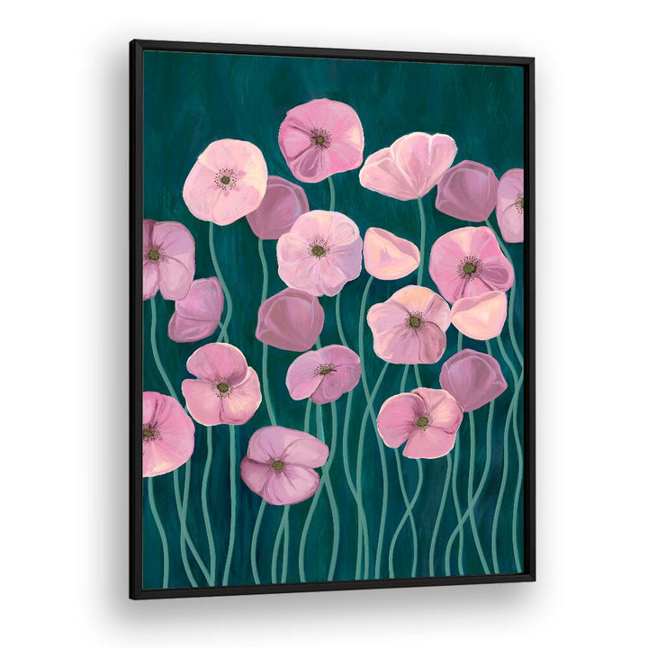 Vibrant PINK POPPIES II, FLORAL FLOWER PAINTINGS, featuring delicate pink blooms against a rich teal background.