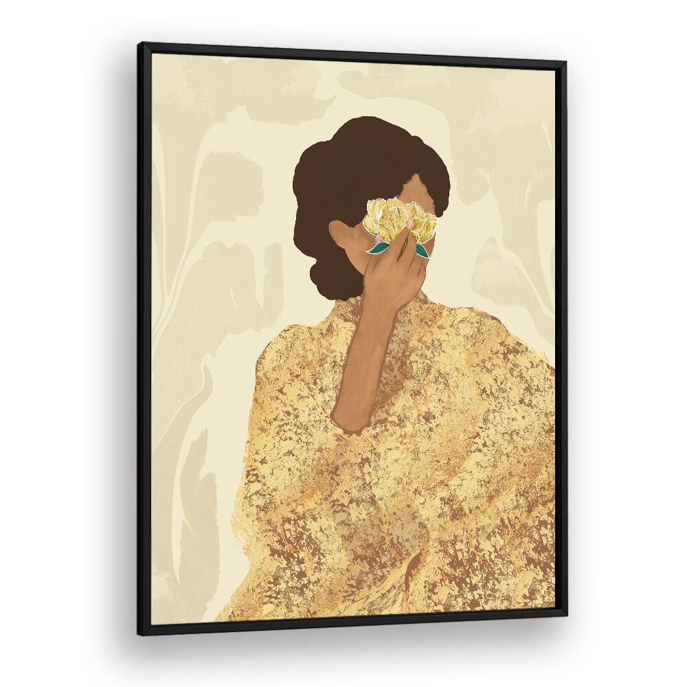 Elegant artwork showcasing a WOMAN WITH GOLD PEONY, PORTRAITS, blending spirituality and fine art beautifully.