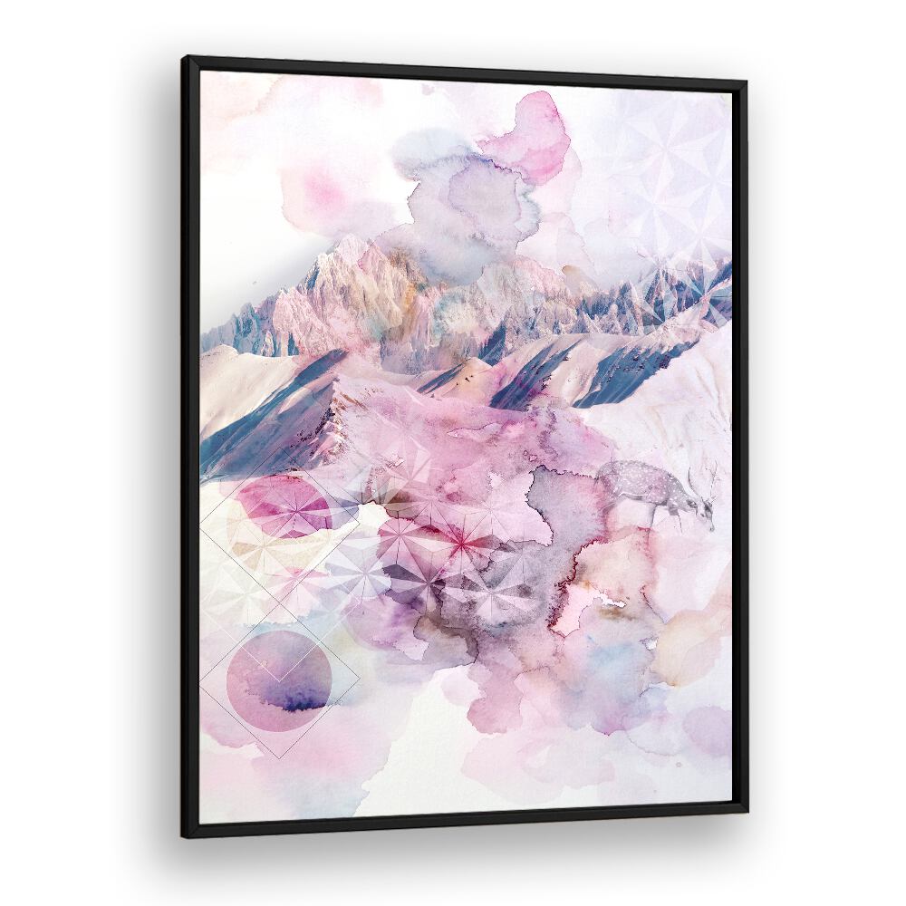DUSK I, ABSTRACT PAINTINGS showcases dreamy watercolor hues blending mountains and geometric patterns for a serene ambiance.