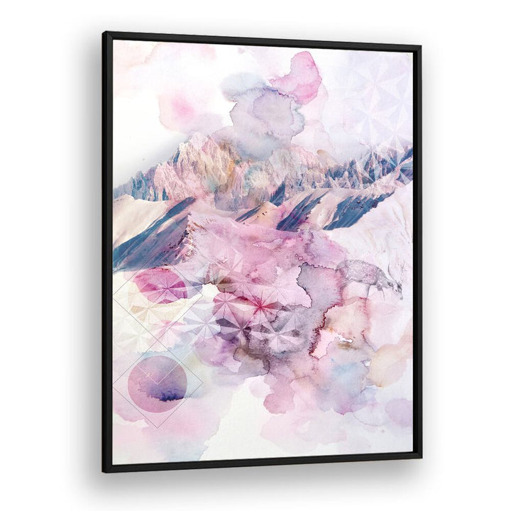 DUSK I, ABSTRACT PAINTINGS showcases dreamy watercolor hues blending mountains and geometric patterns for a serene ambiance.