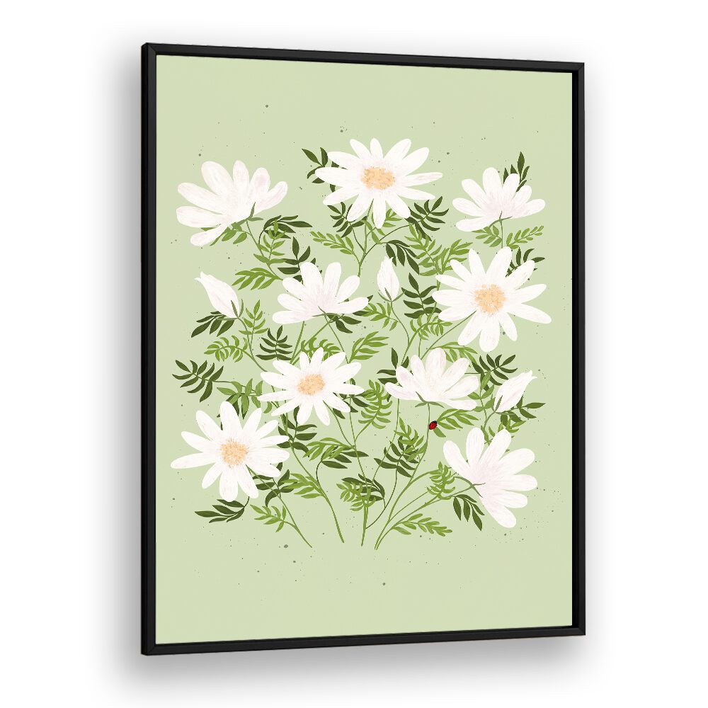 LADYBUG FLOWERS, FLORAL FLOWER PAINTINGS featuring delicate white blooms on a soft green background. Perfect for decor.