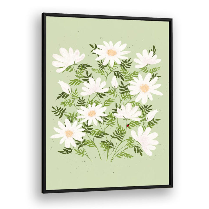 LADYBUG FLOWERS, FLORAL FLOWER PAINTINGS featuring delicate white blooms on a soft green background. Perfect for decor.