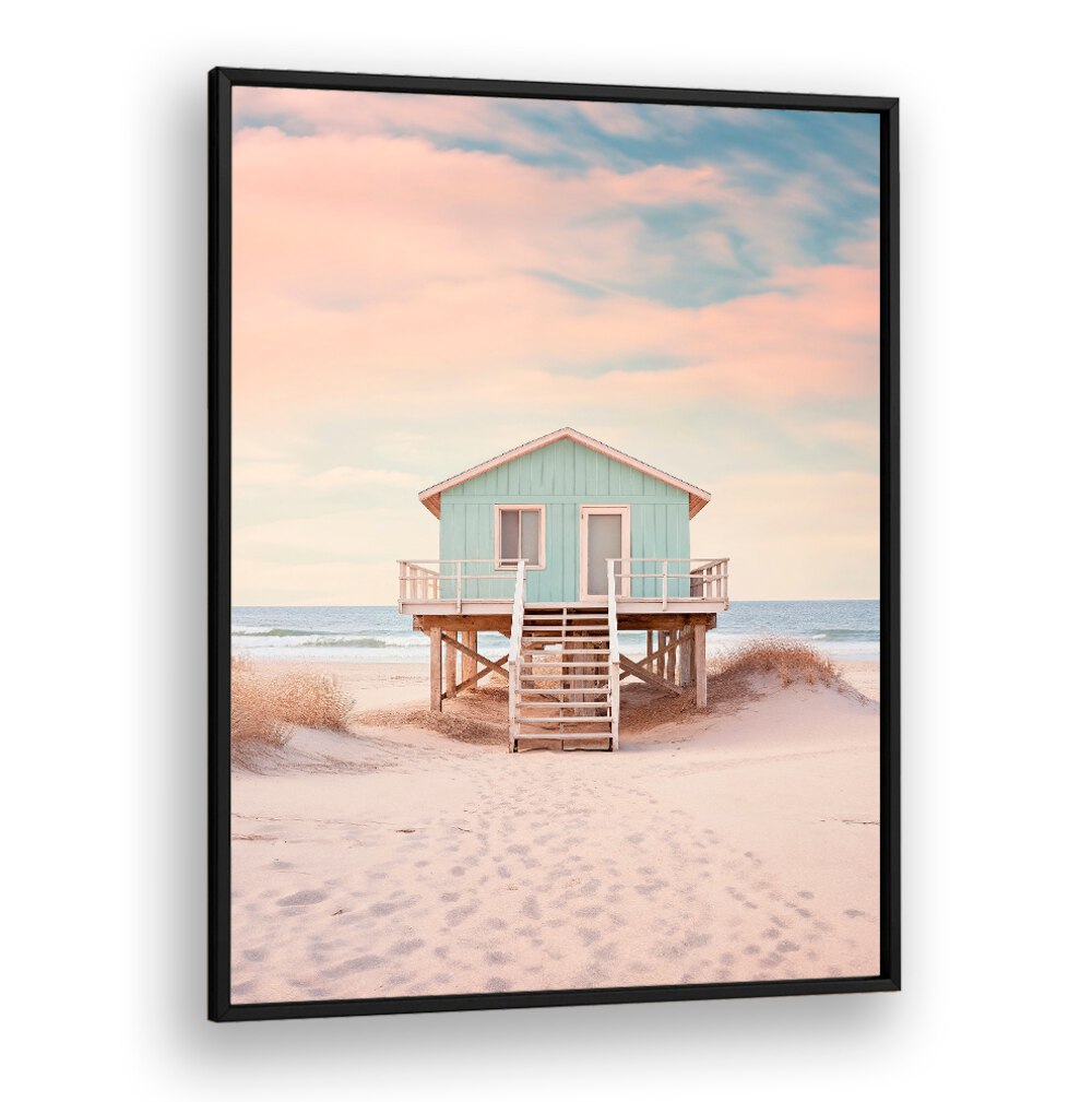 Serene PACIFIC SUNSET BEACH, BEACH PAINTINGS showcasing a charming beach house with warm hues and gentle waves.