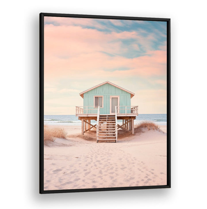 Serene PACIFIC SUNSET BEACH, BEACH PAINTINGS showcasing a charming beach house with warm hues and gentle waves.