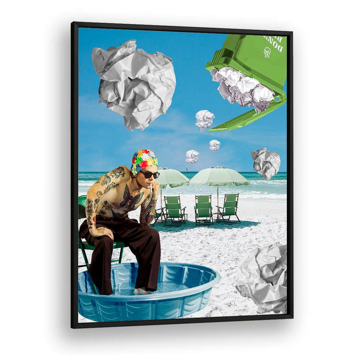 Surreal art print "PAPER BEACH" features a whimsical beach scene with playful elements, perfect for unique decor.