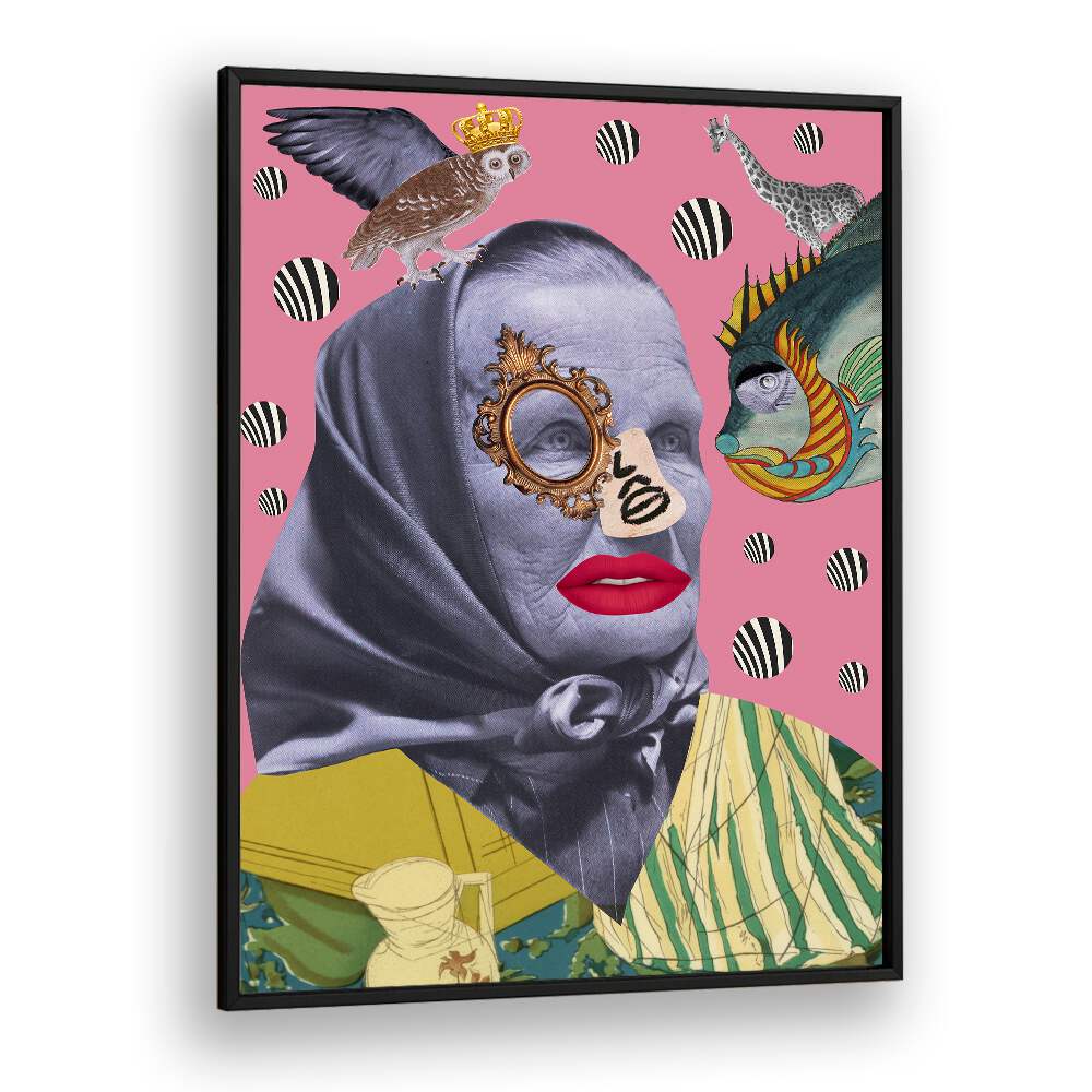 Surreal art print titled GRANDMOTHER, showcasing vibrant colors and whimsical elements of family heritage.