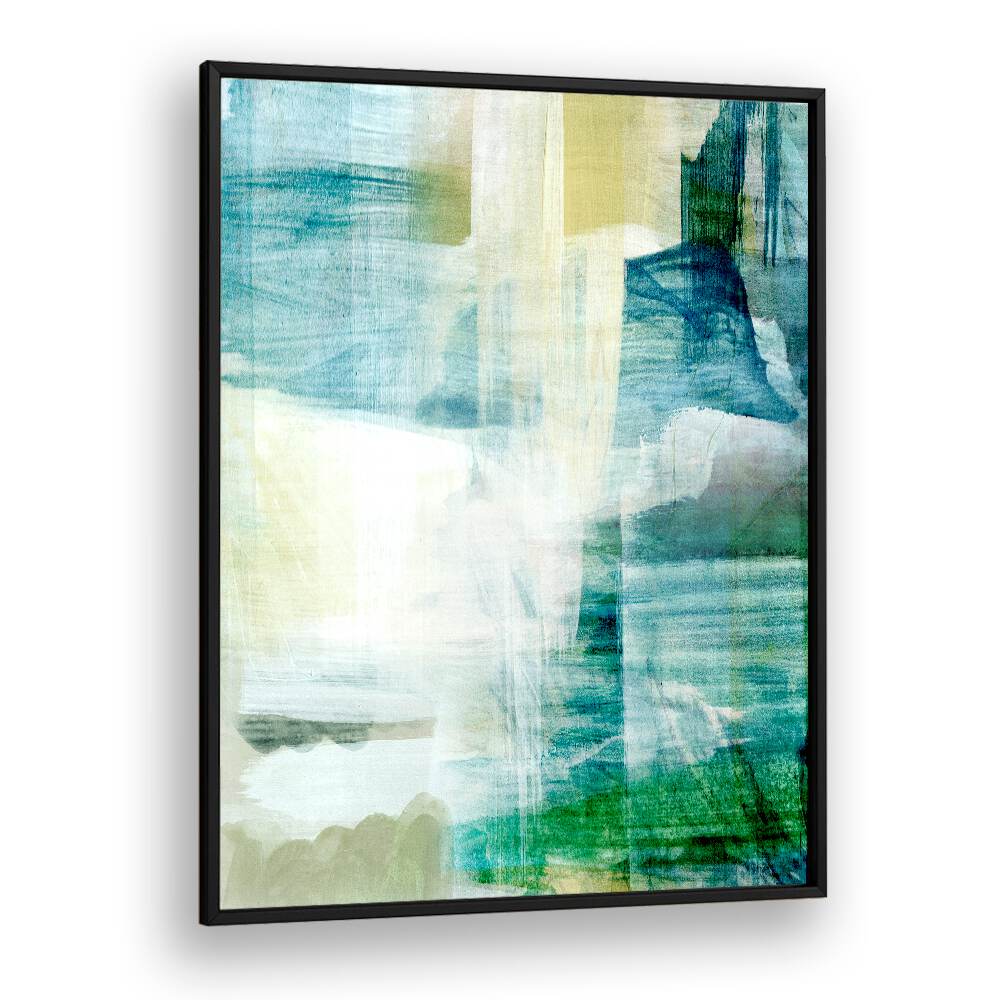 Colorful abstract artwork titled RAIN COLLAGE I , ABSTRACT PAINTINGS, featuring soothing blue and green hues.