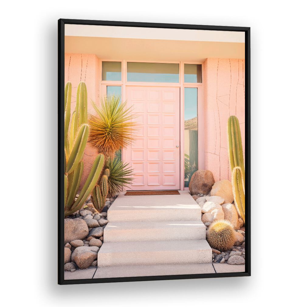 PINK MID-CENTURY, BEACH PAINTINGS showcase a vibrant entryway with a pink door and lush greenery, enhancing your decor.