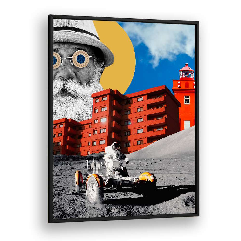 Colorful surreal art print featuring a whimsical astronaut and vivid buildings, perfect for fans of UNIVERSE, SURREAL ART PRINTS.