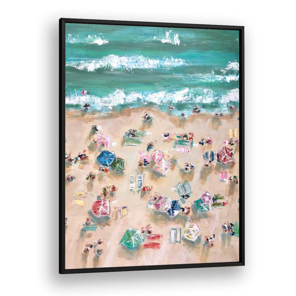 Vibrant SUNBATHERS, BEACH PAINTINGS showcase colorful umbrellas and sunbathers against a sandy shore backdrop.