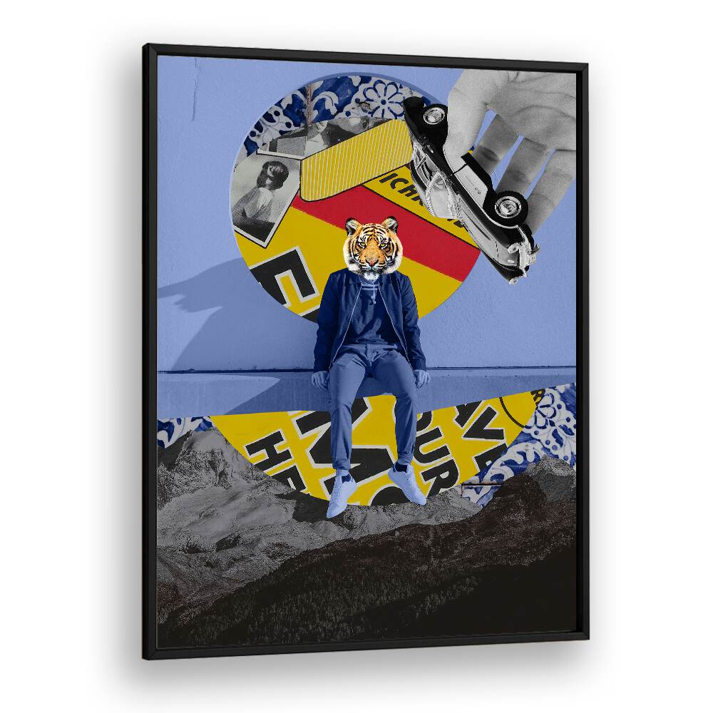 CITIZEN, SURREAL ART PRINTS featuring a tiger-headed figure with vibrant geometric backgrounds for modern decor.