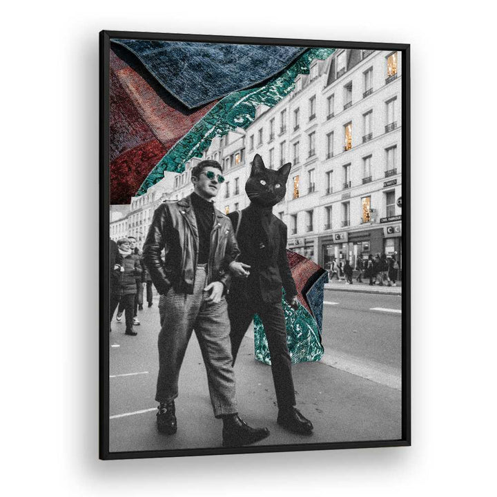 Surreal art print featuring a cat in the city, perfect for urban pet lovers—CAT IN CITY, SURREAL ART PRINTS.