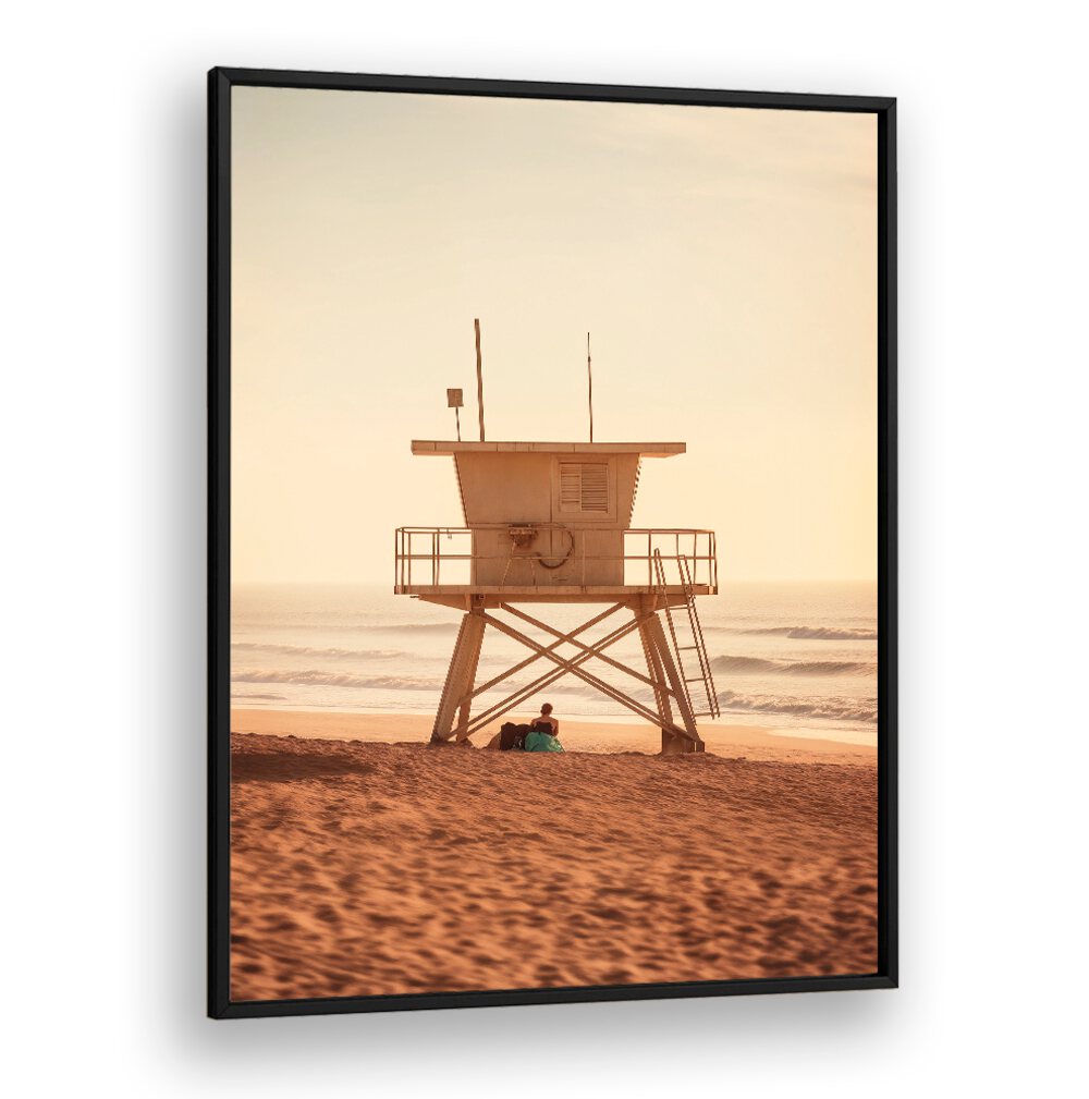 Relaxing scene featuring a lifeguard tower on the beach, perfect for OCEANFRONT, BEACH PAINTINGS by Philippe Hugonnard.