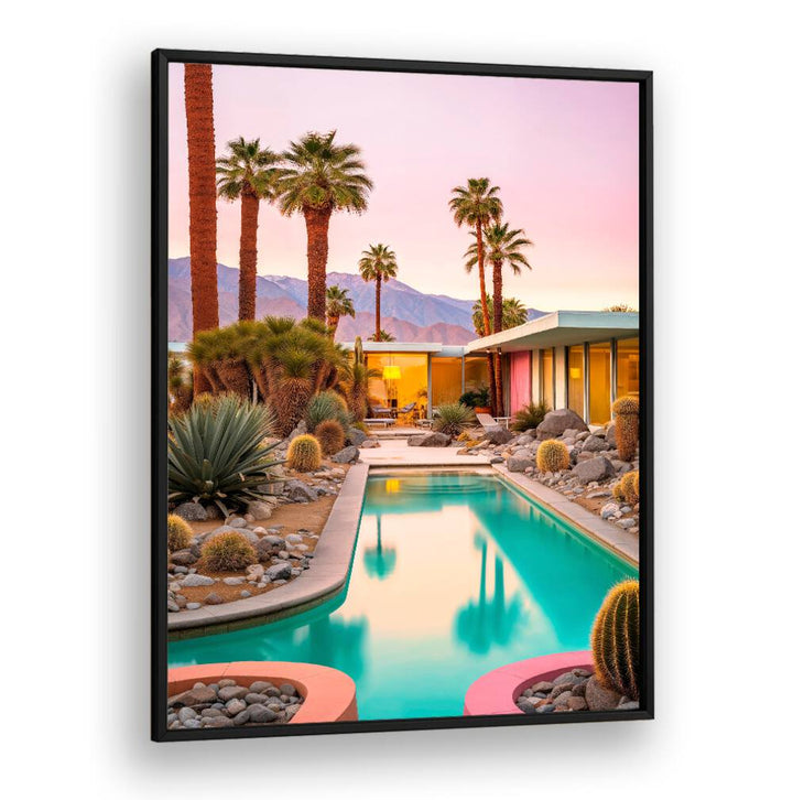 Vibrant MID-CENTURY MAGIC, BEACH PAINTINGS capture a serene poolside scene with palm trees and modern architecture.