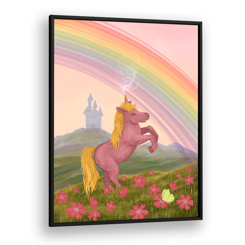 Colorful RAINBOW UNICORN, KIDS ROOM PAINTINGS with flowers and a castle, perfect for a child's bedroom decor.