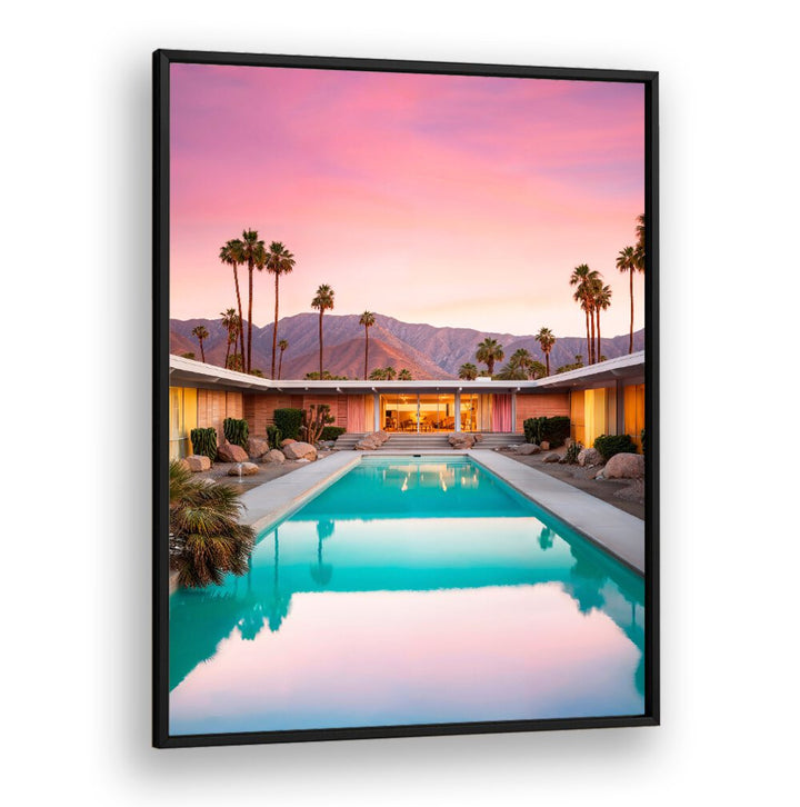 Stunning MID-CENTURY POOL, BEACH PAINTINGS showcasing retro elegance and tranquil outdoor aesthetics by Philippe Hugonnard.