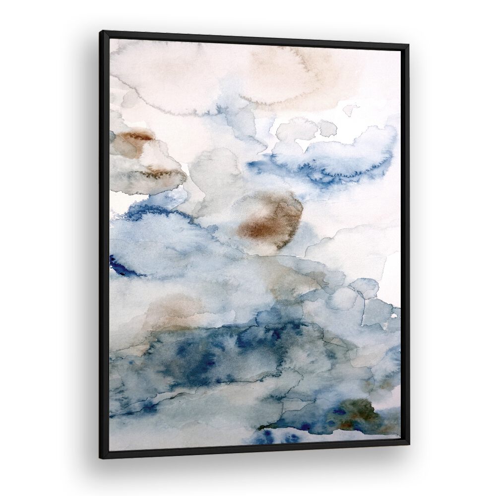 Elegant abstract painting featuring soft blues and earthy tones, titled UP IN THE CLOUDS IV, perfect for any space.