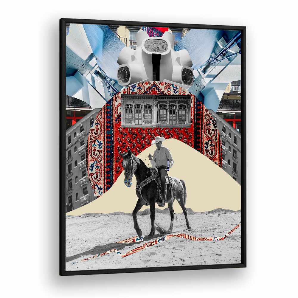 Surreal art print featuring a horseman, blending vibrant colors and unique designs, perfect for home decor.
