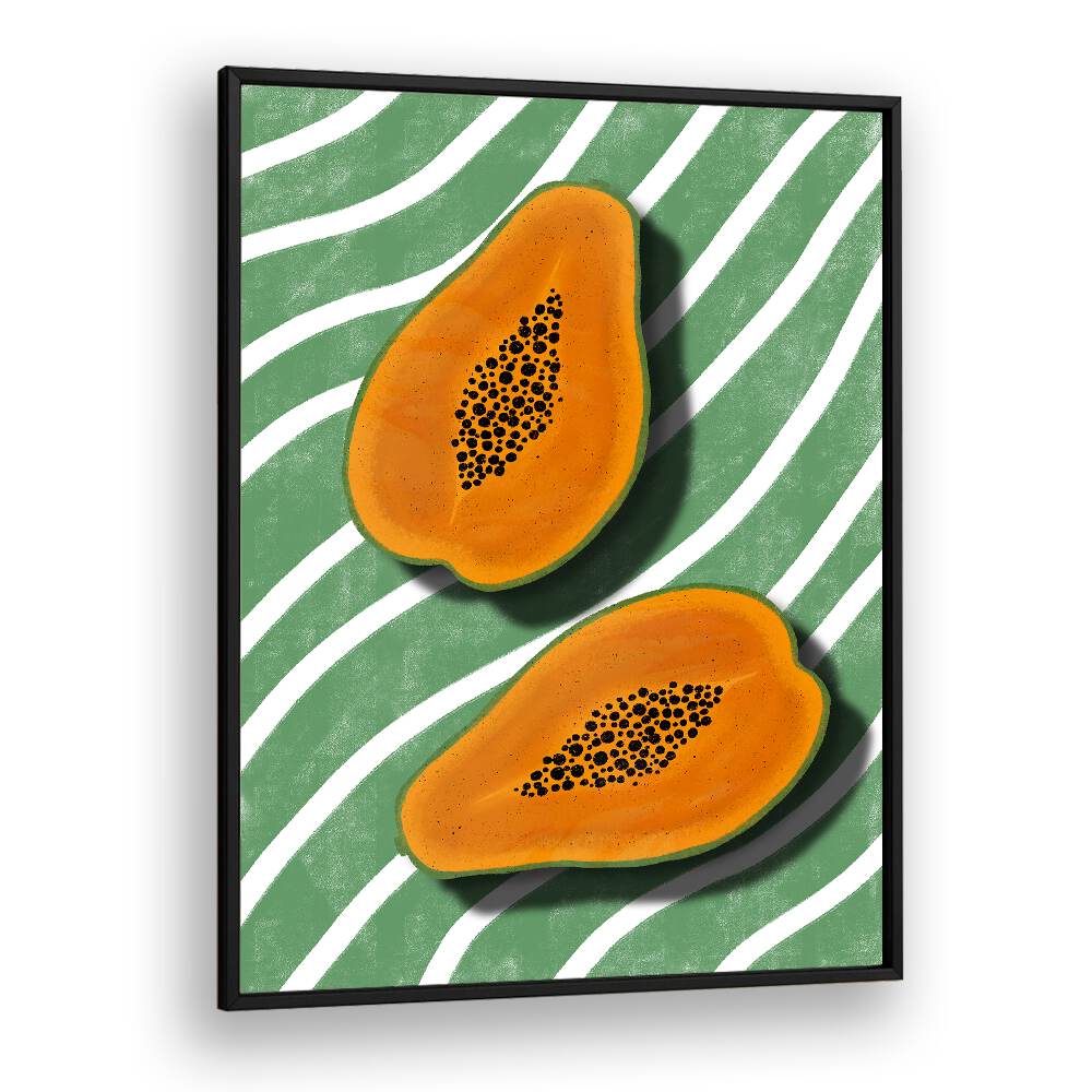 Vibrant PAPAYAS, KITCHEN POSTERS featuring fresh papaya halves on a green striped background, perfect for kitchen decor.