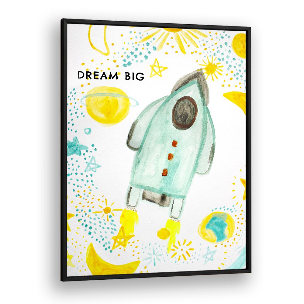 Colorful DREAM BIG, KIDS ROOM PAINTINGS featuring a rocket, stars, and planets, perfect for inspiring young imaginations.