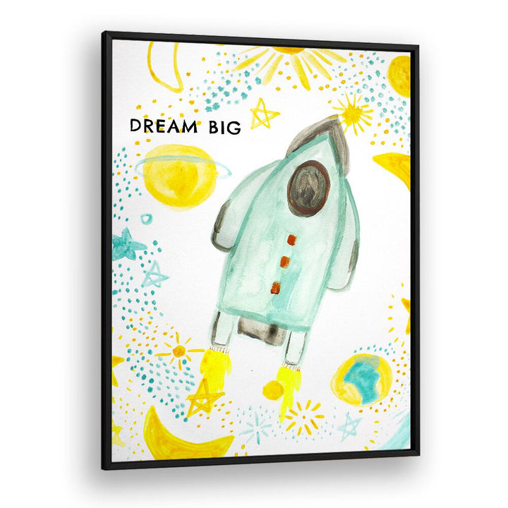 Colorful DREAM BIG, KIDS ROOM PAINTINGS featuring a rocket, stars, and planets, perfect for inspiring young imaginations.