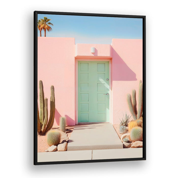 Vibrant pastel door and cacti in sunny Palm Springs, showcasing PASTEL PALM SPRINGS, BEACH PAINTINGS collection.