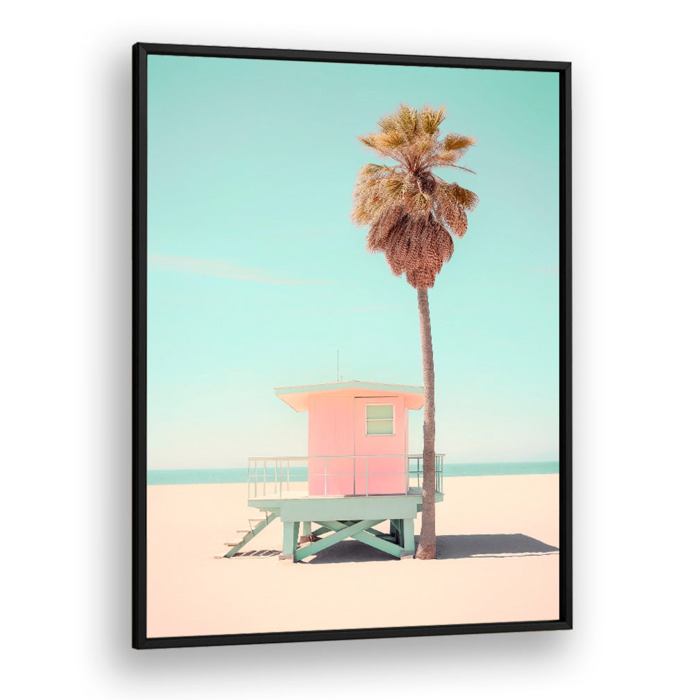 Capturing serene coastal vibes, BEACHSIDE PINK BLISS beach paintings showcase a dreamy pink lifeguard station.