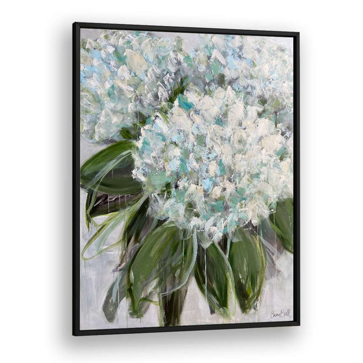 Delicate white and blue hydrangeas in floral flower paintings, perfect for enhancing your serene living space.