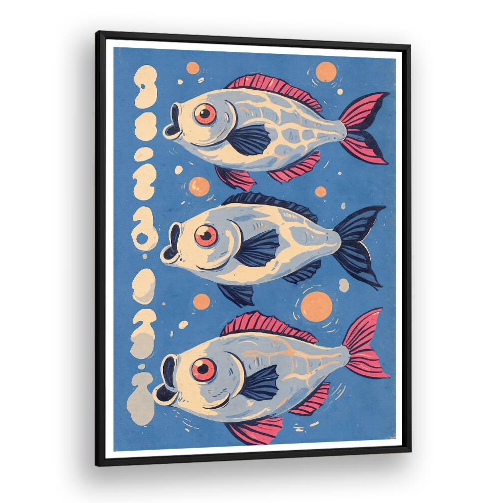 Vibrant artwork of fish on blue background, showcasing OCEANIC LIFE - FISHES II, BEACH PAINTINGS for a serene vibe.