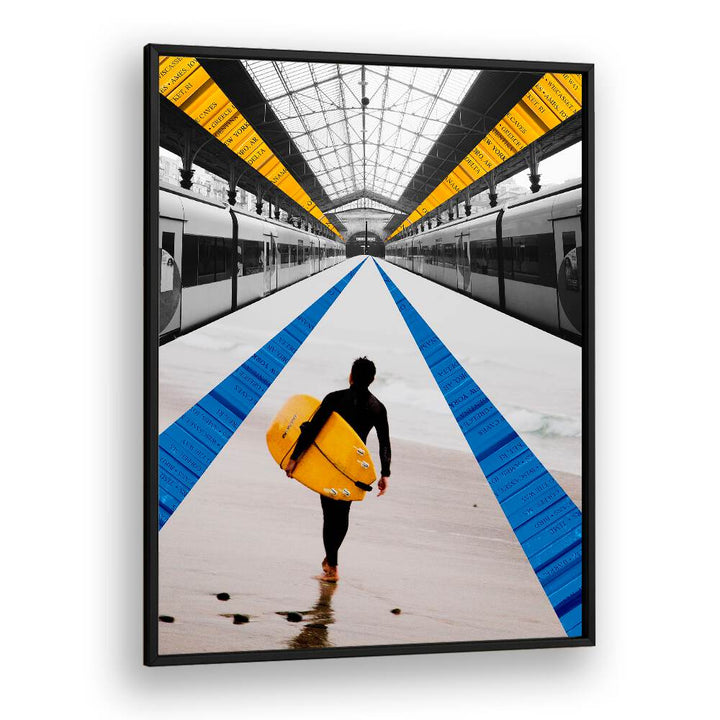 Surreal art print featuring a surfer walking through a train station, ideal for modern decor—METRO, SURREAL ART PRINTS.
