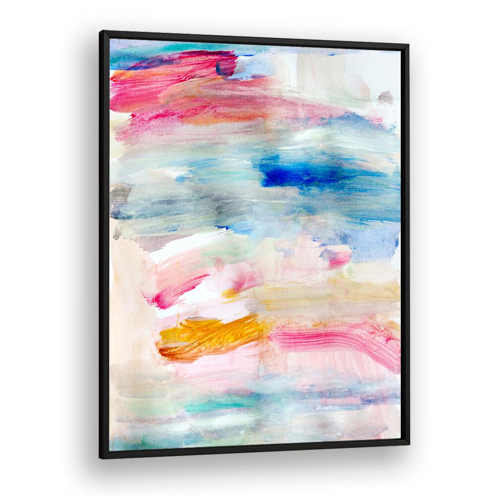Colorful abstract painting titled "THE VIEW FROM UP HERE," showcasing vibrant brush strokes and textures.