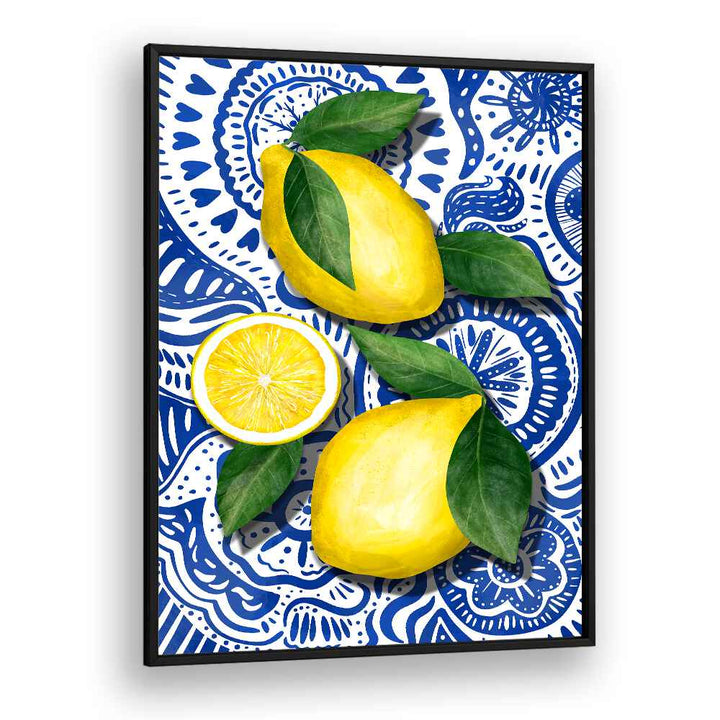 Bright LIMONES, KITCHEN POSTERS featuring vibrant lemons and decorative blue patterns, perfect for kitchen decor.