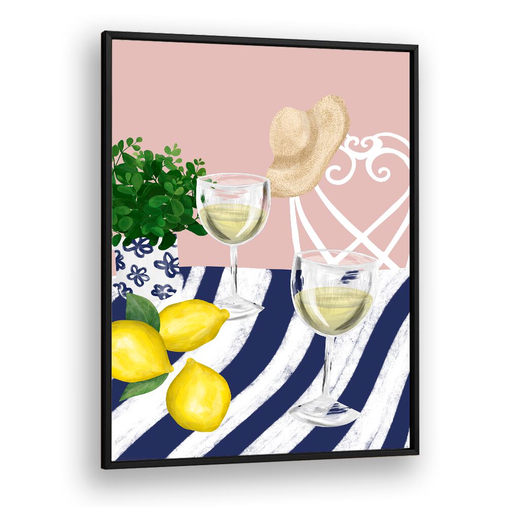 Charming artwork featuring WHITE WINE FOR TWO, BAR & CAFE ART with lemons and greenery for a cozy atmosphere.