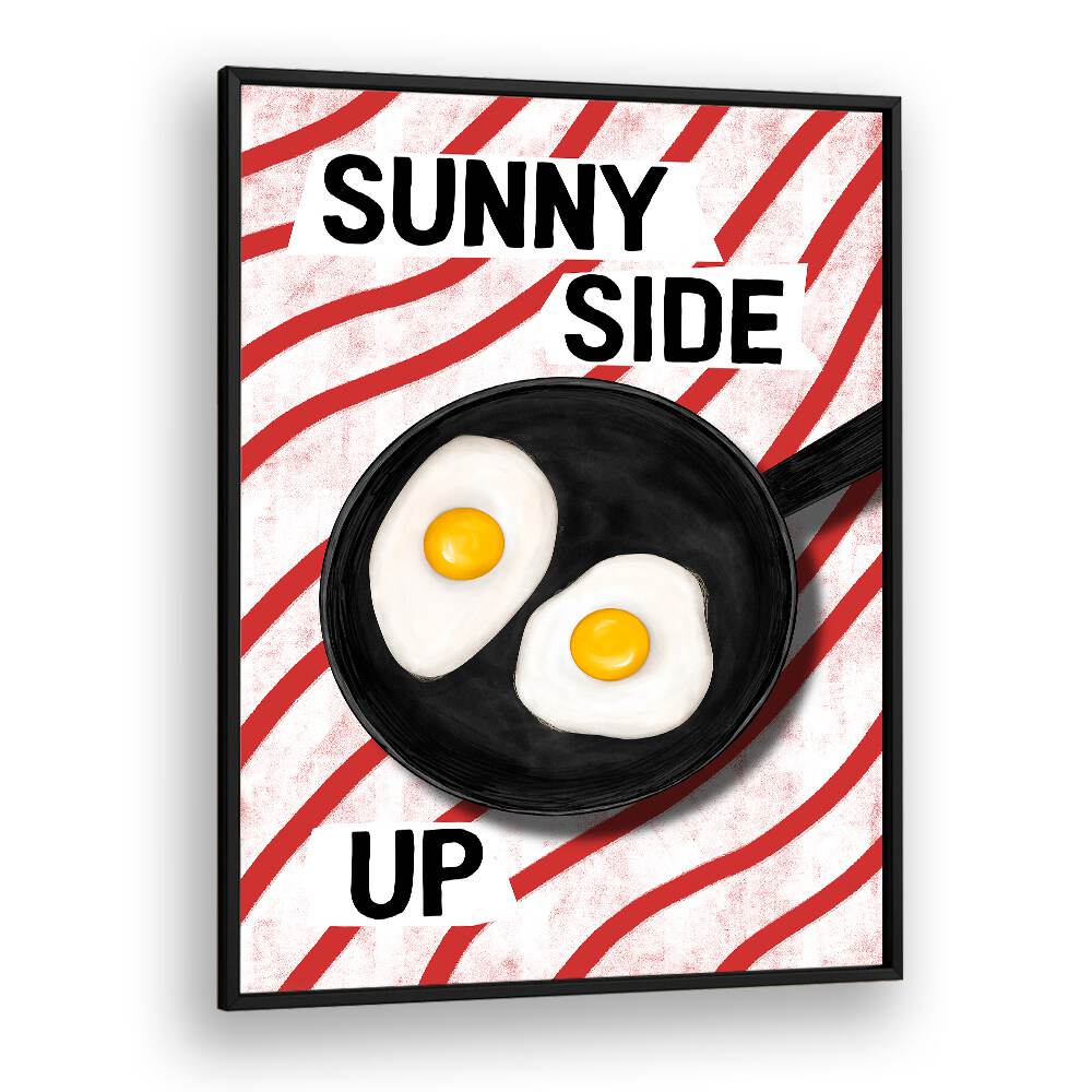 Sunny Side Up, Bar cafe art featuring a frying pan with two sunny-side-up eggs on a playful striped background.