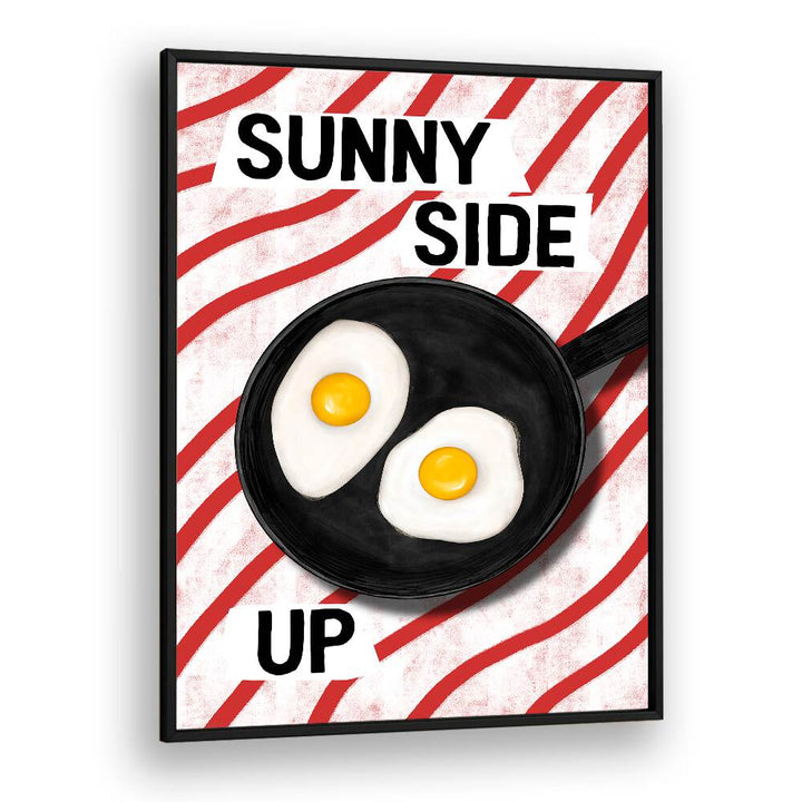 Sunny Side Up, Bar cafe art featuring a frying pan with two sunny-side-up eggs on a playful striped background.