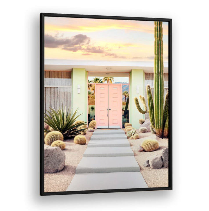 Serene desert scene featuring pastel doors, capturing the essence of END OF THE DAY IN PALM SPRINGS, BEACH PAINTINGS.