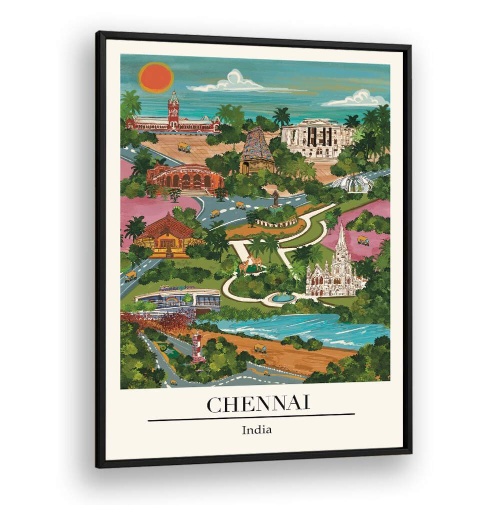 Chennai travel poster by Saumya Agarwal showcases the coastal charm of Tamil Nadu’s captivating capital city.