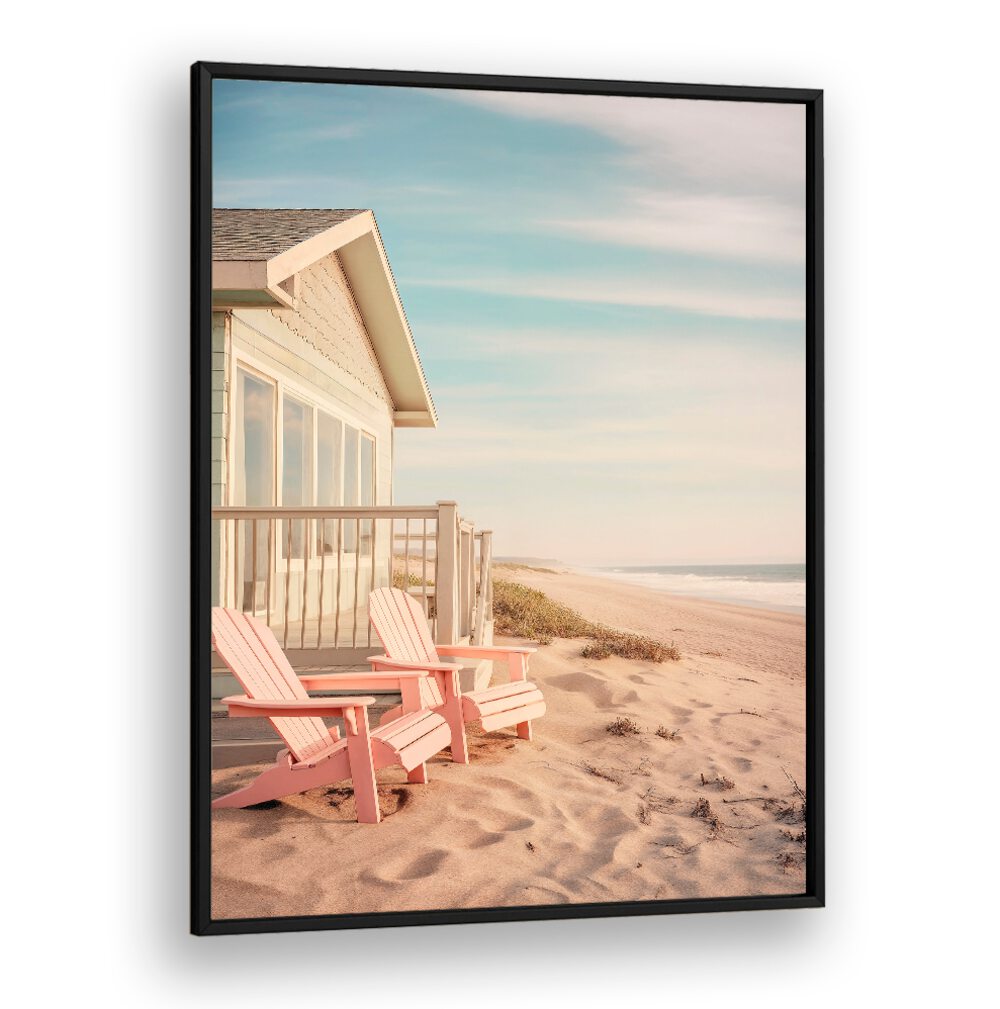 Serene ALONG THE BEACH, BEACH PAINTINGS featuring cozy pink chairs by a coastal home, capturing tranquil shoreline beauty.