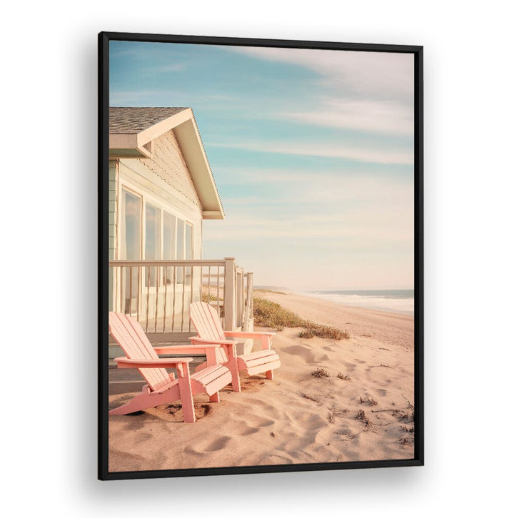 Serene ALONG THE BEACH, BEACH PAINTINGS featuring cozy pink chairs by a coastal home, capturing tranquil shoreline beauty.